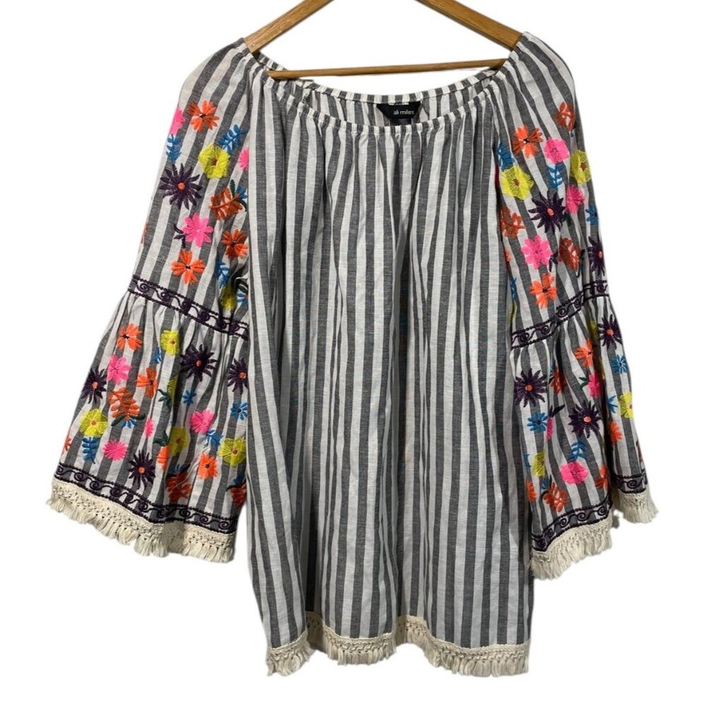 Ali Miles Linen Blend Tunic Top Gray Striped Boho Artsy Floral Embroidered Sz XL
